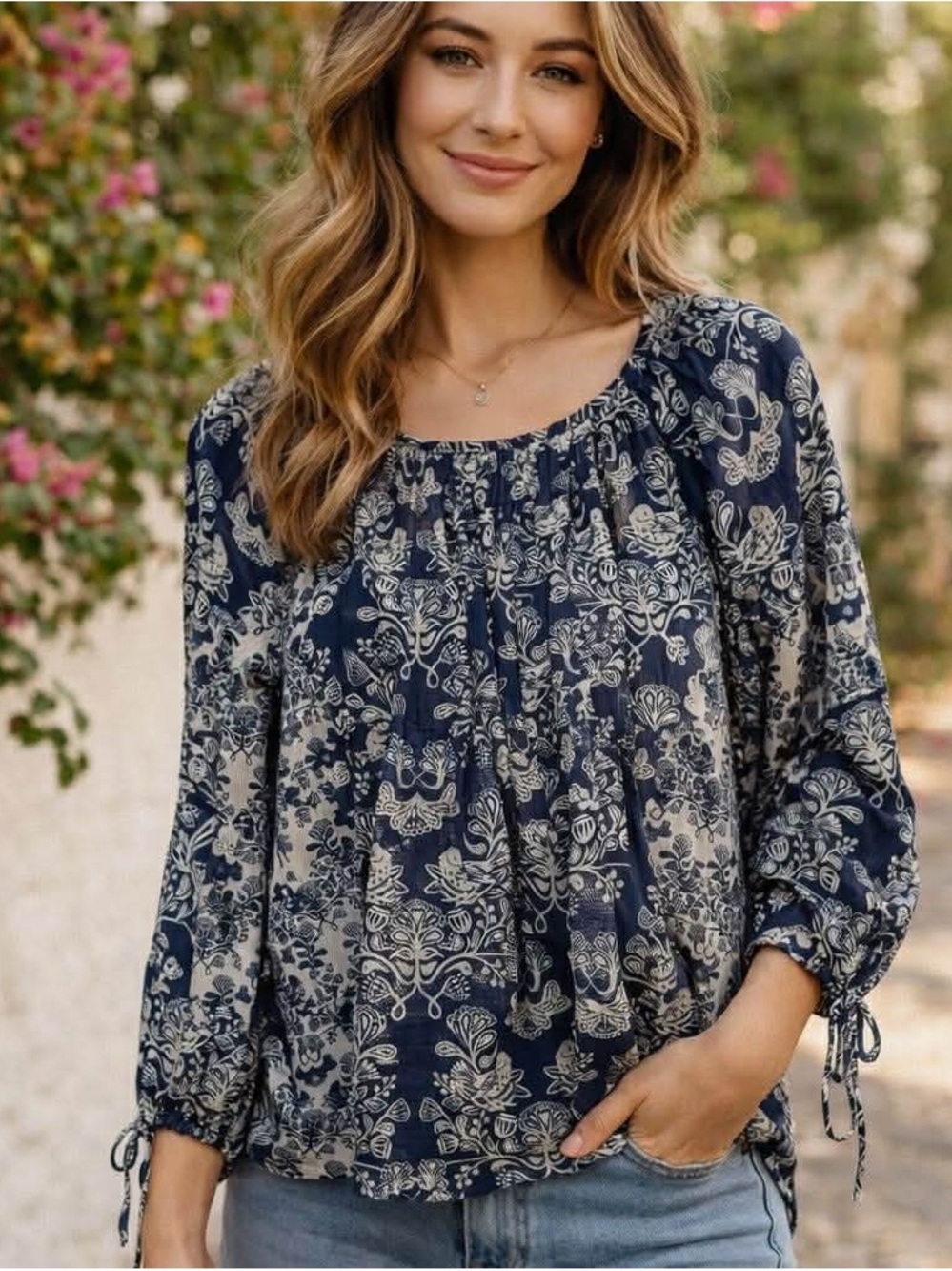 Princess Vera Wang Navy and Cream Floral and Bird Peasant Blouse